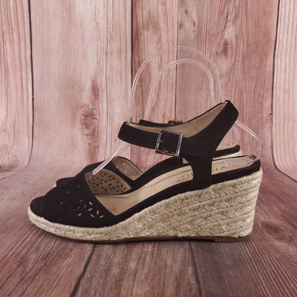 Vionic Ariel Womens Sz 7.5 Wide Black Suede Ankle Strap Wedge Espadrille Sandals - Picture 2 of 15